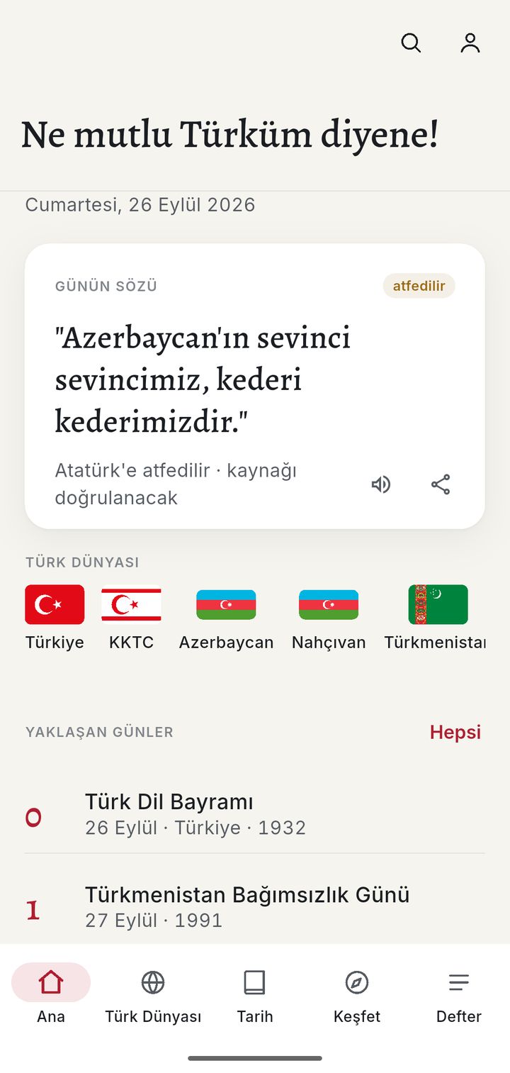 Ana ekran: günün sözü kartı, Türk dünyası bayrakları ve yaklaşan günler