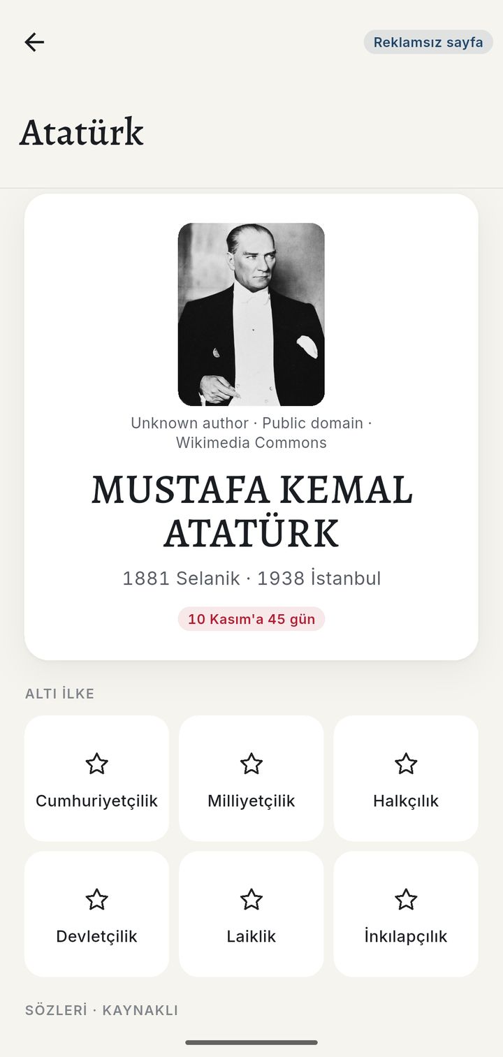 Atatürk sayfası: portre, doğum ve ölüm bilgisi, 10 Kasım'a kalan gün, altı ilke