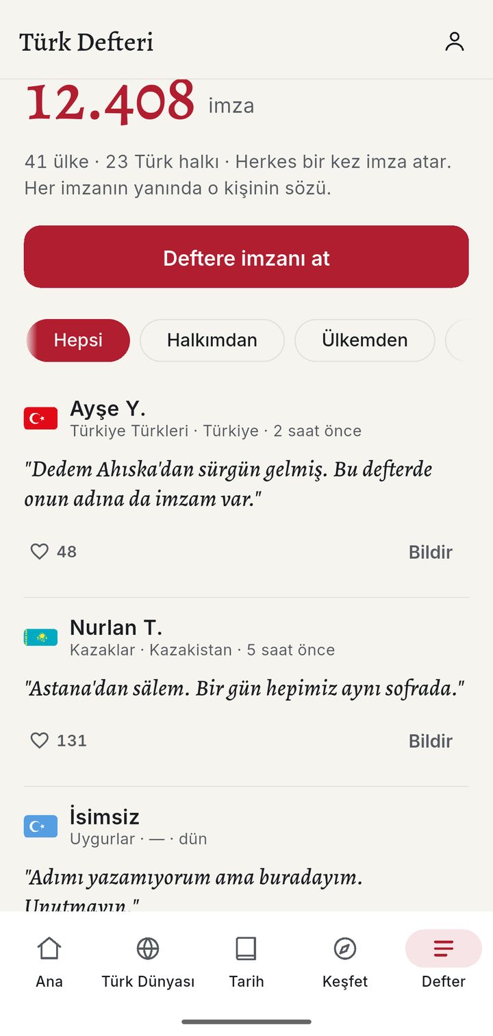 Türk Defteri sekmesi: imza sayısı, Deftere imzanı at düğmesi ve örnek imzalar