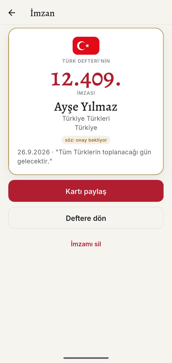 İmza kartı: bayrak, sıra numarası, ad, halk, ülke ve söz; paylaşılabilir