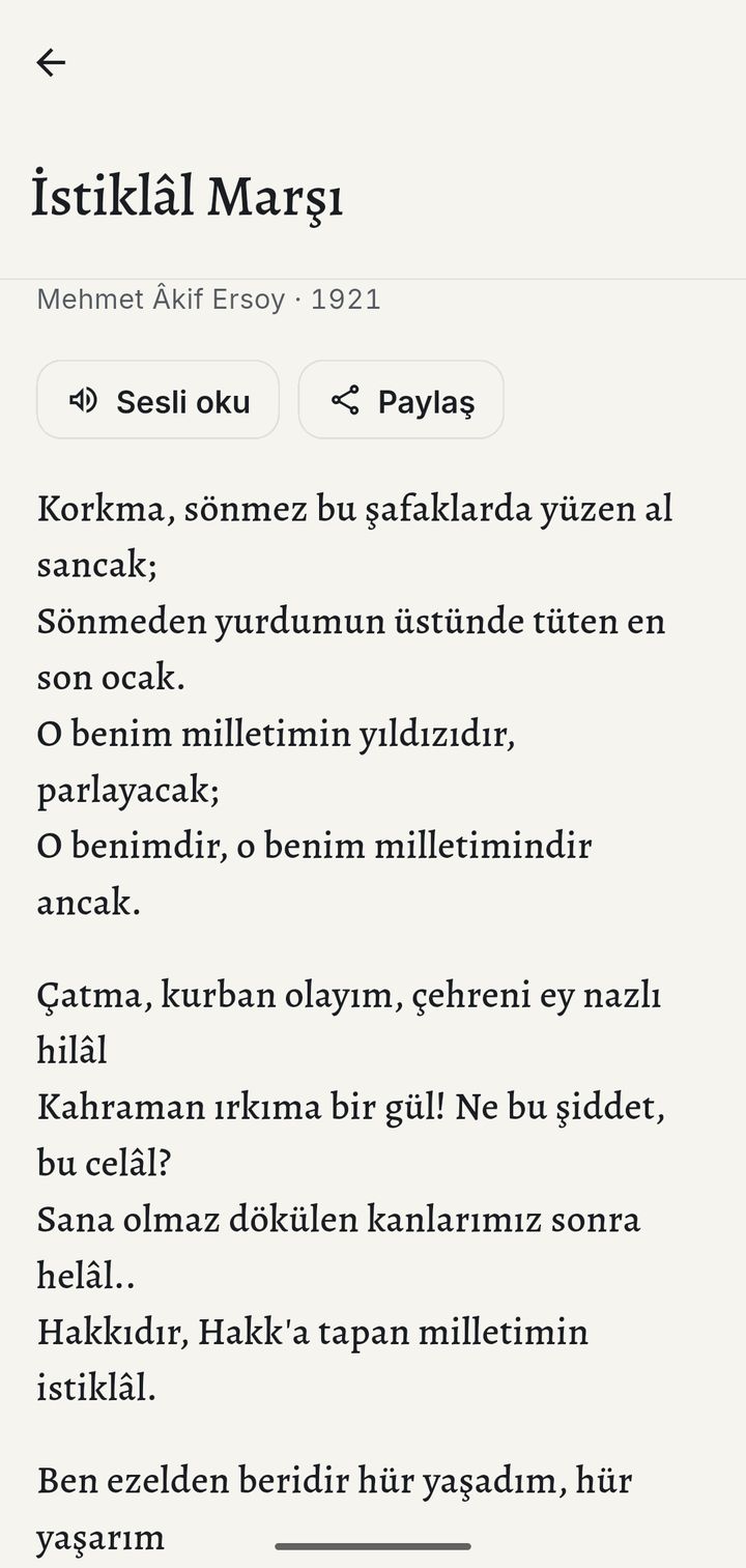 İstiklâl Marşı tam metni, sesli oku ve paylaş düğmeleriyle