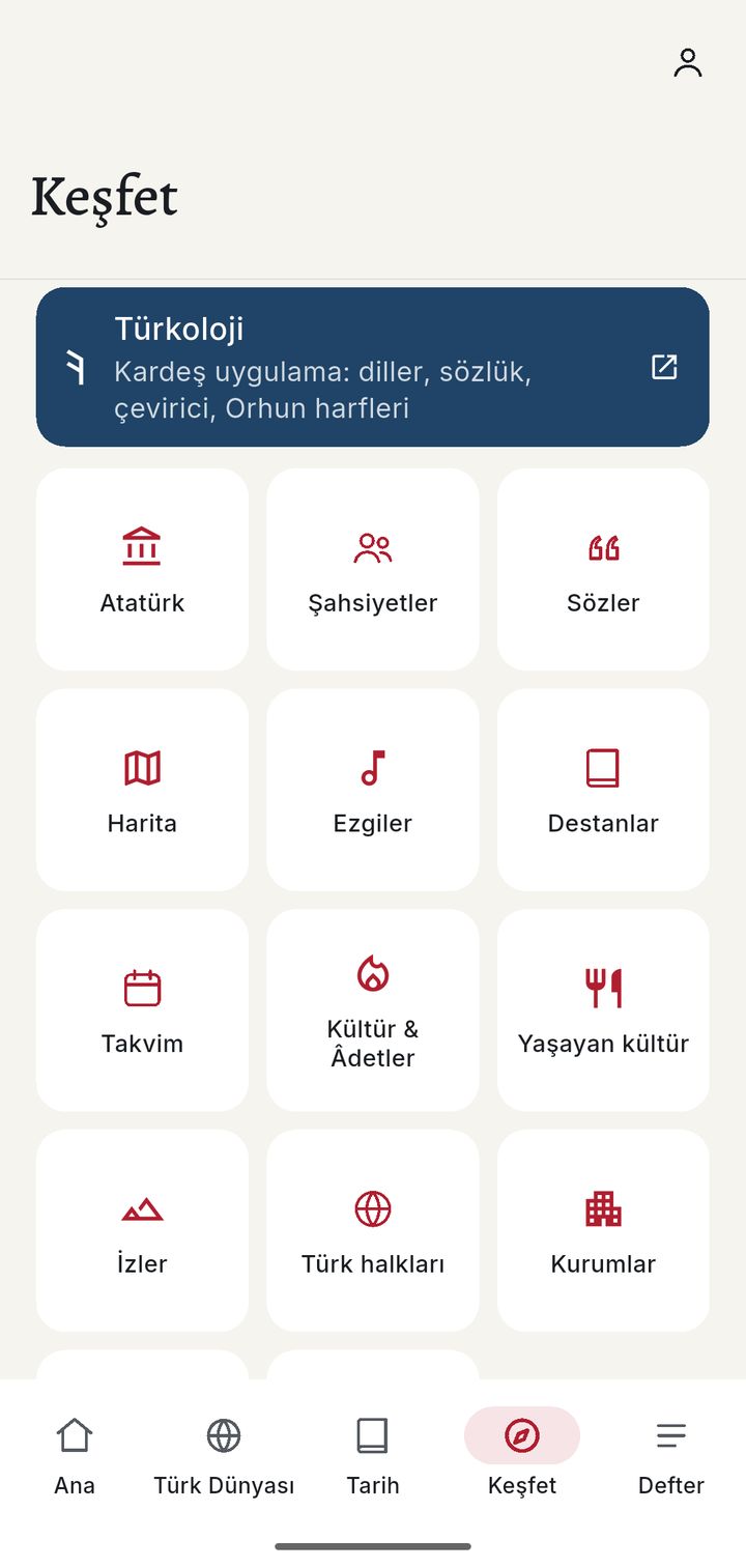 Keşfet sekmesi: Atatürk, şahsiyetler, sözler, harita, ezgiler, destanlar ve diğer bölümler