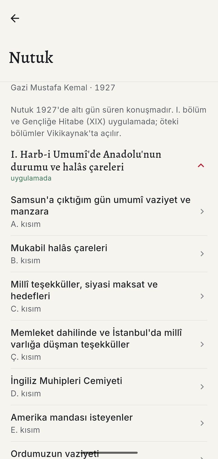 Nutuk ekranı: I. bölümün kısımları listesi