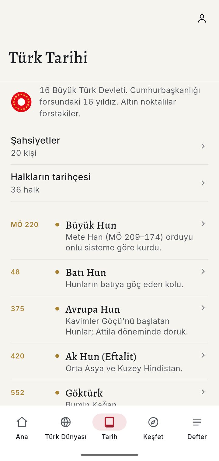 Tarih sekmesi: forstaki 16 yıldız ve Büyük Hun'dan başlayan devlet zaman çizelgesi